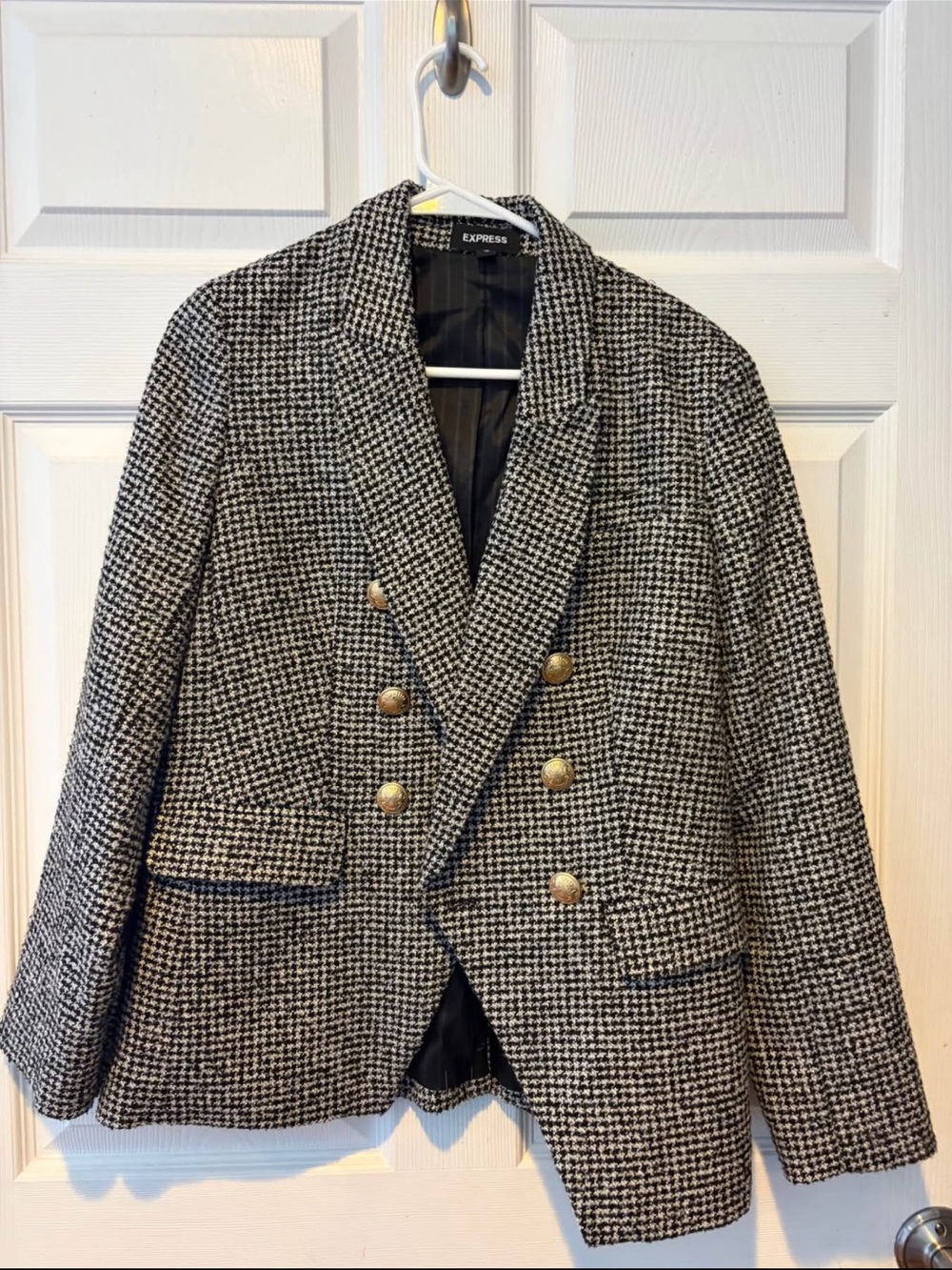 Express Black and White Houndstooth Double-Breasted Blazer with Gold Buttons